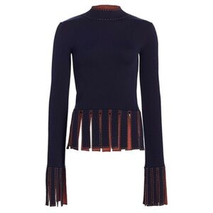 Staud Mika Fringe Trim Peplum Top in Navy
